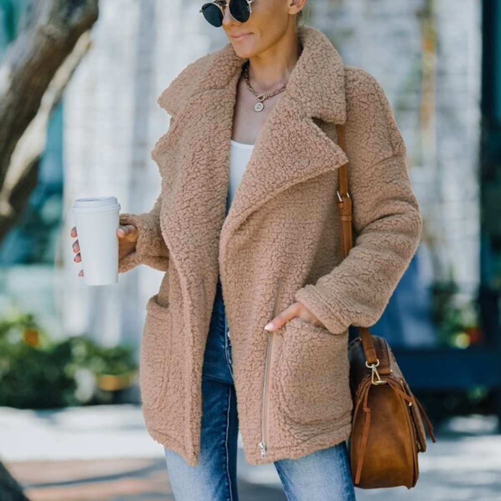 Cozy Khaki Tan Wide Collar Teddy Jacket Coat Oversized - Picture 1 of 16
